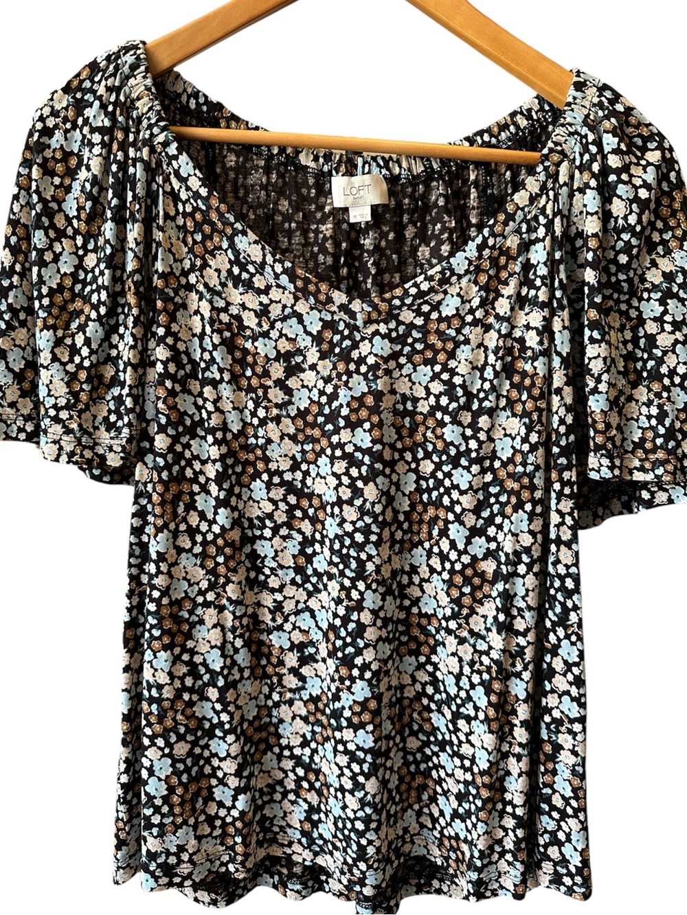 LOFT Black Floral V-Neck Blouse w/ Cream & Light Blue Flowers elastic neckline
